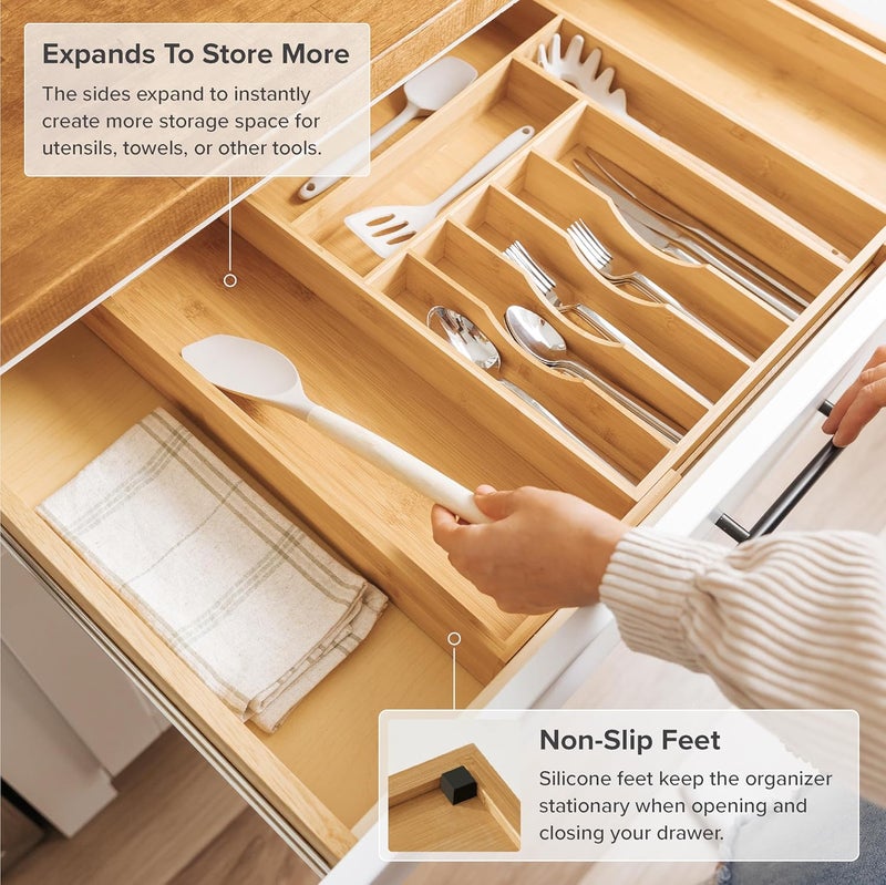 KitchenEdge Premium Silverware Flatware and Utensil Organizer for Kitchen Drawers FoodSafe Contract Grade Expandable from 14 to 25 In Natural Bamboo - Image 5