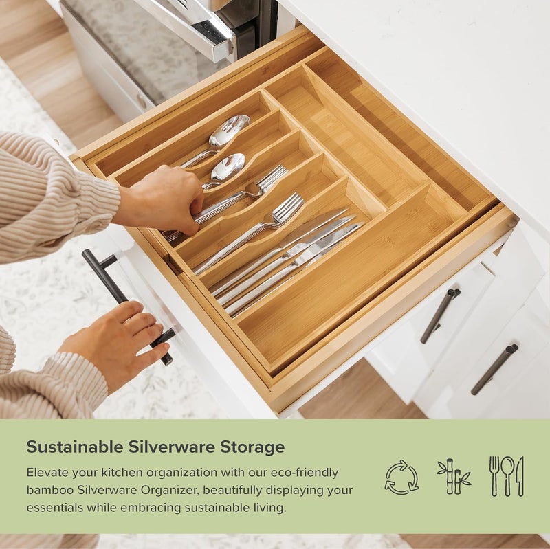 KitchenEdge Premium Silverware Flatware and Utensil Organizer for Kitchen Drawers FoodSafe Contract Grade Expandable from 14 to 25 In Natural Bamboo - Image 4