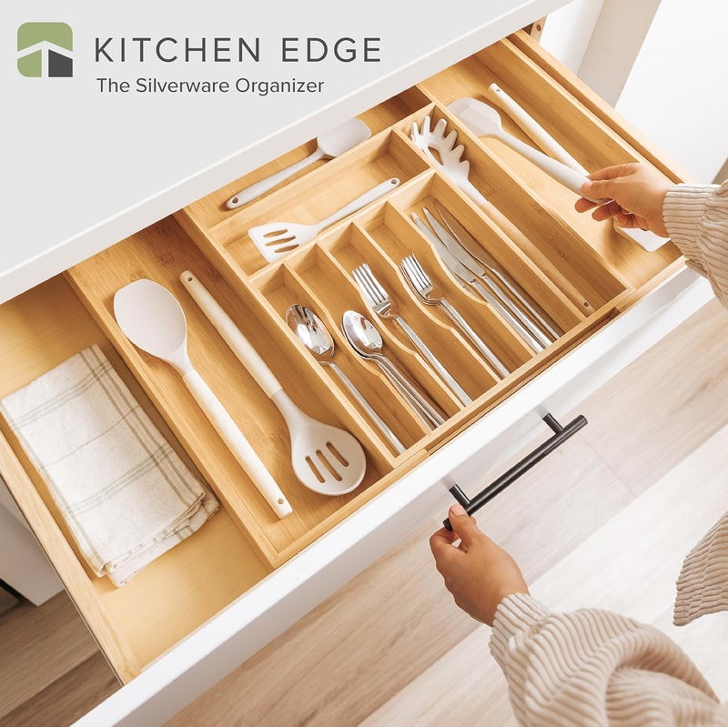 KitchenEdge Premium Silverware Flatware and Utensil Organizer for Kitchen Drawers FoodSafe Contract Grade Expandable from 14 to 25 In Natural Bamboo - Image 2