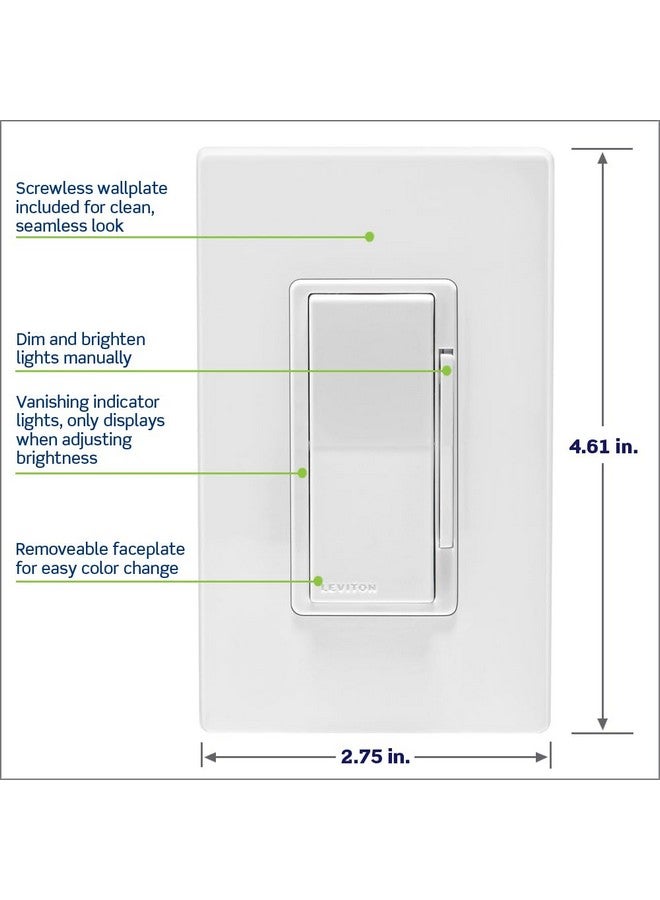 Leviton Leviton Decora Smart Dimmer Switch, Wi-Fi 2nd Gen, Neutral Wire Required, Works with Matter, My Leviton, Alexa, Google Assistant, Apple Home/Siri & Wired or Wire-Free 3-Way, D26HD-1RW, White  - Image 4
