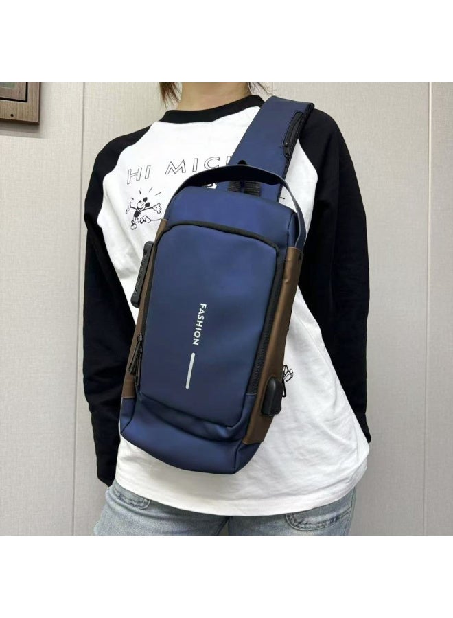 فاشون حقيبة كتف مضادة للسرقة ومضادة للماء مع منفذ شحن USB من FASHION - حقيبة ظهر للرجال والنساء للسفر والعمل والخارج - أزرق وبني - Image 5