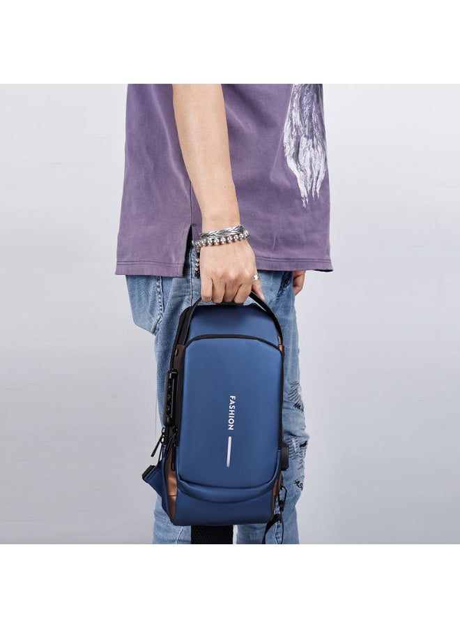 فاشون حقيبة كتف مضادة للسرقة ومضادة للماء مع منفذ شحن USB من FASHION - حقيبة ظهر للرجال والنساء للسفر والعمل والخارج - أزرق وبني - Image 4