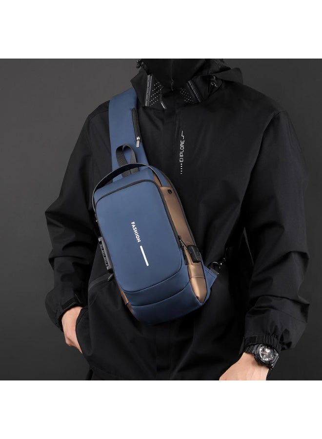 فاشون حقيبة كتف مضادة للسرقة ومضادة للماء مع منفذ شحن USB من FASHION - حقيبة ظهر للرجال والنساء للسفر والعمل والخارج - أزرق وبني - Image 2