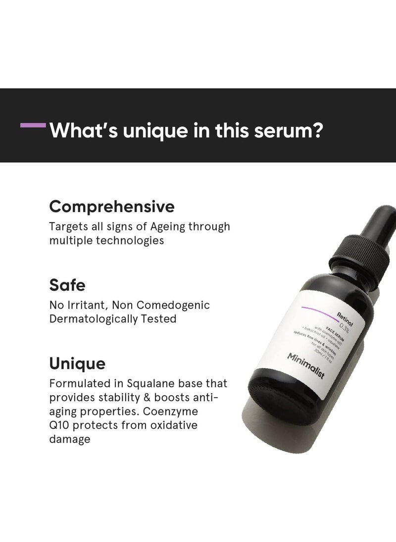 Minimalist 0.3% Retinol Face Serum For Anti Aging For Beginners | Night Face Serum With Retinol & Q10 To Reduce Fine Lines & Wrinkles | For Women & Men (30 ml)