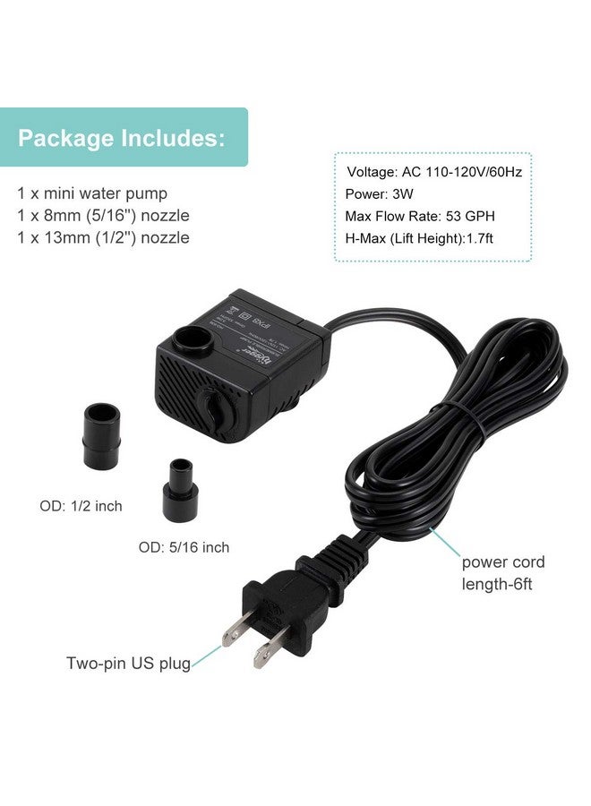 hygger Ultra Quiet 53GPH (200L/H, 3W) Submersible Mini Water Pump Comes with 2 Nozzles, for Aquariums, Fish Tank, Fountain, Hydroponics, Max Lift Height 1.7ft ,120V/60HZ, Power Cord 6ft - Image 5
