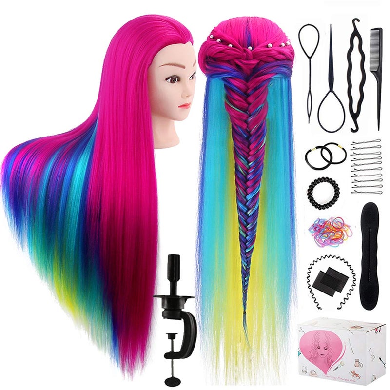 Training Head TopDirect 29 Colorful Hair Mannequin Manikin Head Cosmetology Doll Head Practice Styling Hairdressing Training Braiding Heads with Clamp Holder and Tool Set