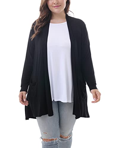 ZERDOCEAN Women's Plus Size Long Sleeve Lightweight Soft Printed Drape Cardigan with Pockets Black 2X - Image 2