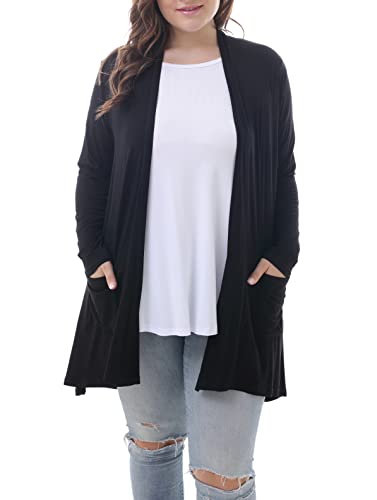 ZERDOCEAN Women's Plus Size Long Sleeve Lightweight Soft Printed Drape Cardigan with Pockets Black 2X - Image 1