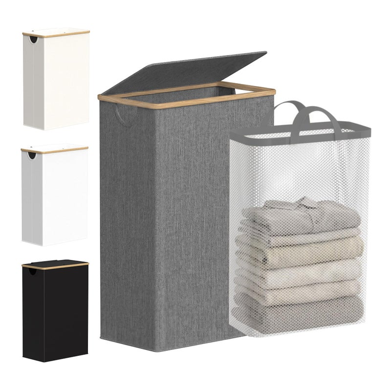 efluky Slim Laundry Basket with Lid, Narrow Laundry Hamper with Removable Bag, Skinny Dirty Clothes Basket with Bamboo Handles for Bathroom, Bedroom & Laundry Room, 75L Grey - Image 1