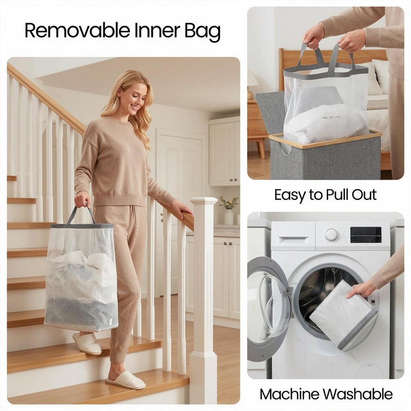 efluky Slim Laundry Basket with Lid, Narrow Laundry Hamper with Removable Bag, Skinny Dirty Clothes Basket with Bamboo Handles for Bathroom, Bedroom & Laundry Room, 75L Grey - Image 5