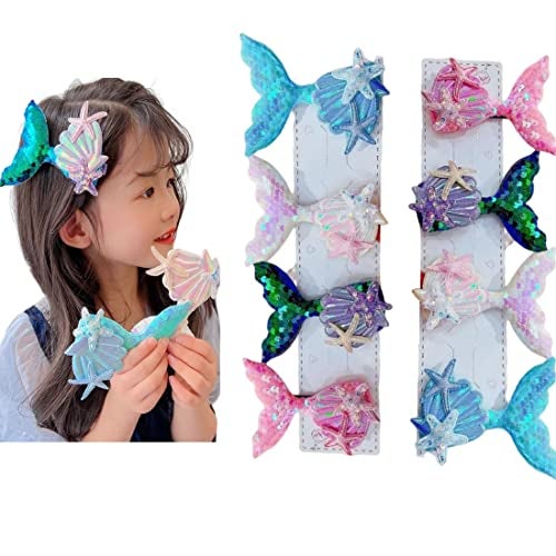 Samyak Pack of 8 Pcs Mermaid Hair Clips Seashell Cute Alligator Hair Pins Barrettes Sequined Starfish Headwear for Babies Kids Girls - Image 1