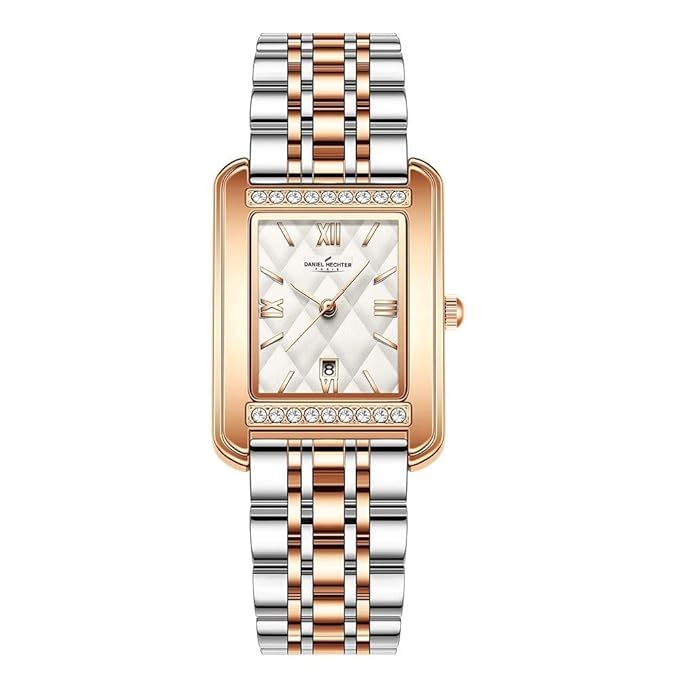 Daniel Hechter Jussieu Collection Luxury Square Watch for Women – Rose Gold Jeweled case with Diamond Accents and Textured dial - Image 1