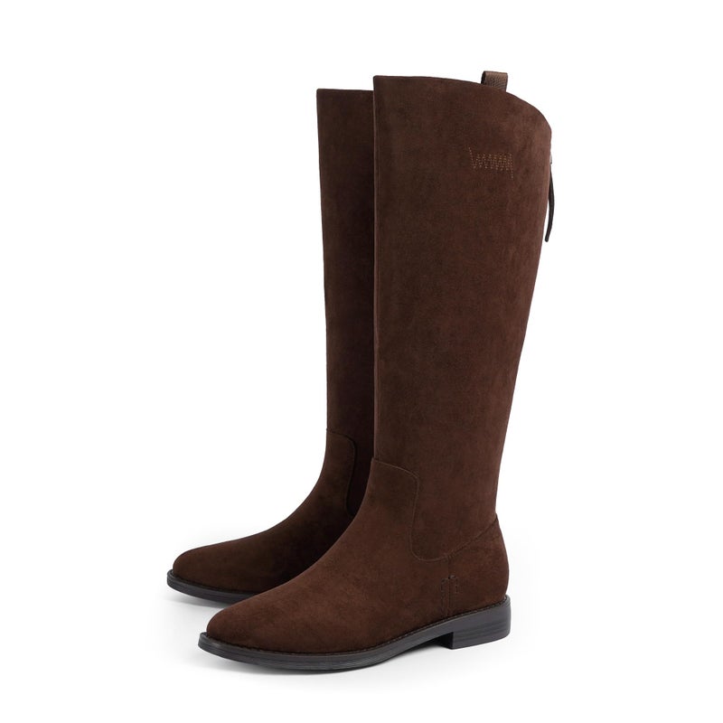 Modatope Suede Brown Knee High Boots Women Low Block Chunky Heel Retro Riding Boots Rounded Toe Back Zipper Fall Flat Tall Boot Size 9.5 - Image 5