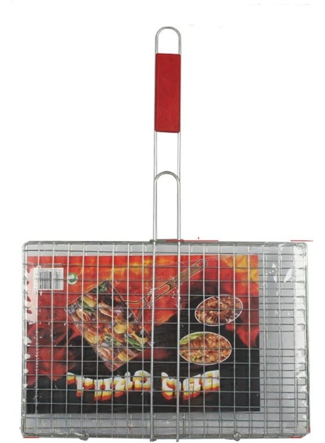 Steel Plating Barbecue Grill Net Basket with Wooden Handel for Fish Meat Vegetable Steak - Image 1