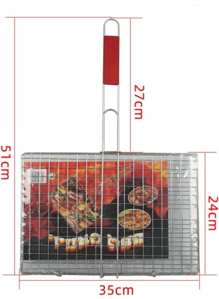 Steel Plating Barbecue Grill Net Basket with Wooden Handel for Fish Meat Vegetable Steak - Image 2