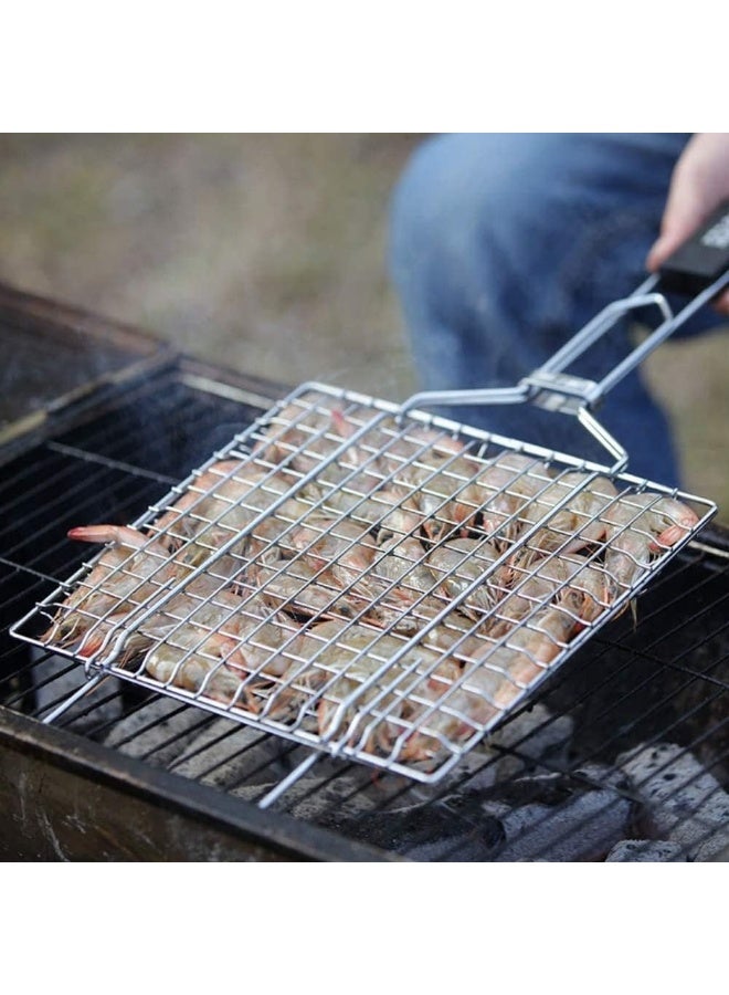 Steel Plating Barbecue Grill Net Basket with Wooden Handel for Fish Meat Vegetable Steak - Image 3