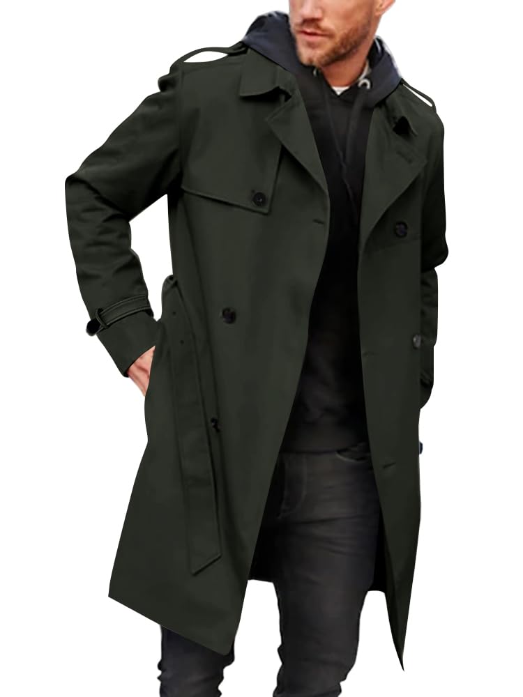 Gafeng Mens Trench Coat Slim fit Double Breasted Belted Windbreaker Lapel Long Jacket Casual Windproof Overcoat Armygreen