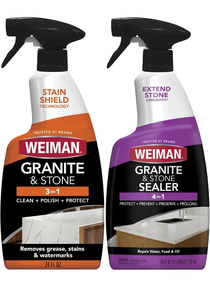 Weiman Complete Countertop Clean & Protect Kit - For Granite, Marble, Quartz & Stone - Granite & Stone Cleaner and Polish - 24 oz, Granite & Stone Sealer -24 oz - Image 1