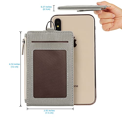 Cynure Women & Men Keychain Card Holder Case Zipper Slim Minimalist Front Pocket Wallet with 2 ID Window, Grey - Image 5