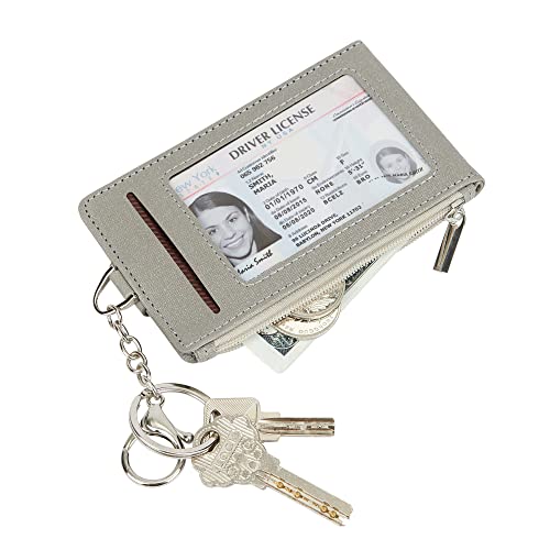 Cynure Women & Men Keychain Card Holder Case Zipper Slim Minimalist Front Pocket Wallet with 2 ID Window, Grey - Image 4