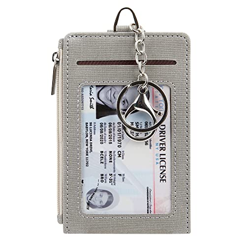 Cynure Women & Men Keychain Card Holder Case Zipper Slim Minimalist Front Pocket Wallet with 2 ID Window, Grey - Image 1