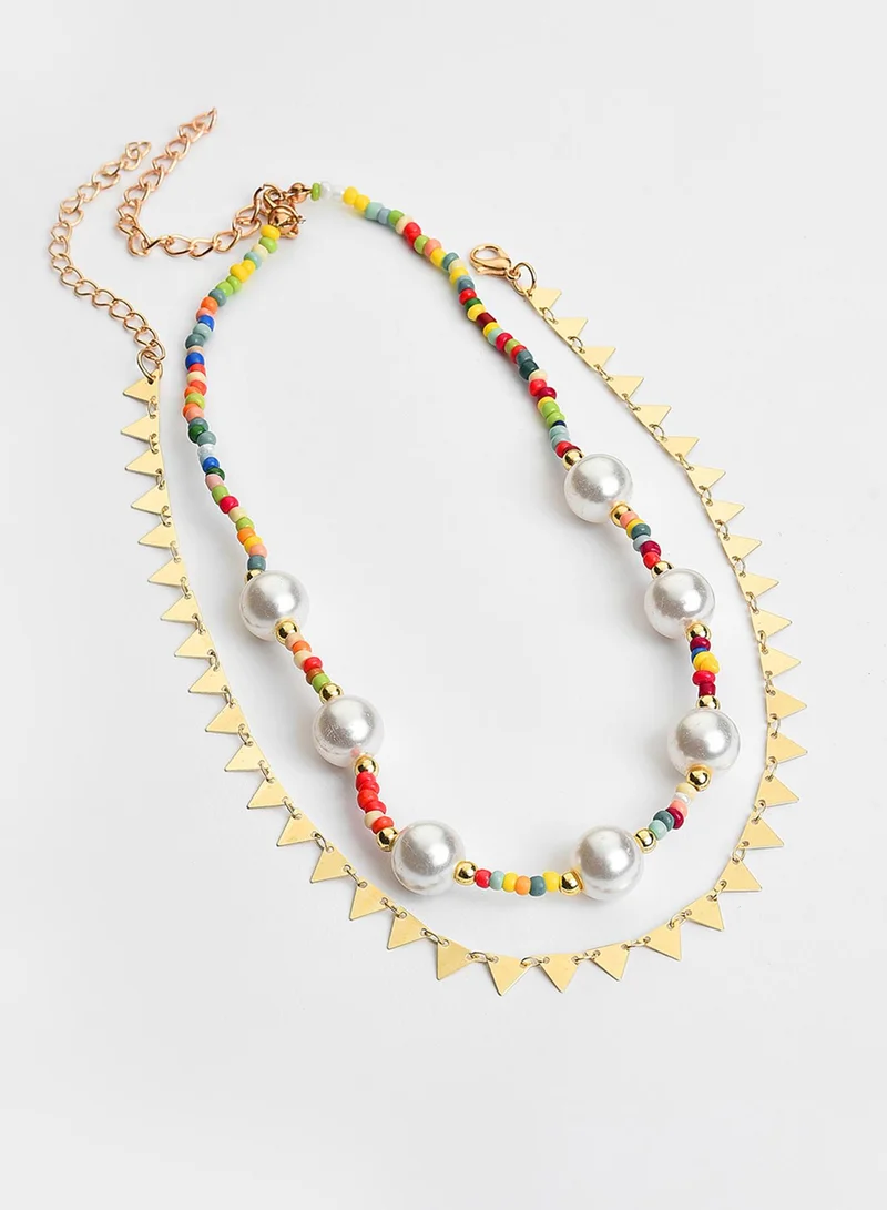 SOHI Pack Of 2 Yellow Brass Pearl Artificial Chain Necklace Jewellery