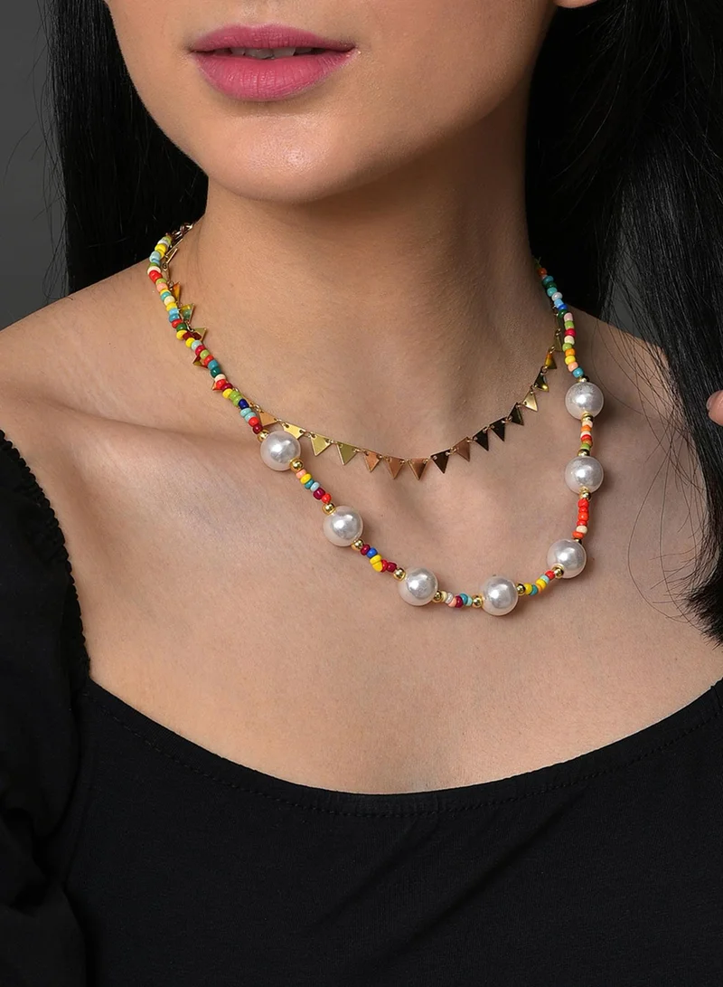 SOHI Pack Of 2 Yellow Brass Pearl Artificial Chain Necklace Jewellery