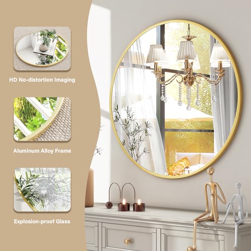HARRITPURE 24 Inch Round Mirror, Gold Circle Bathroom Mirror, Modern Aluminum Alloy Frame Wall Mounted Vanity Mirror for Living Room, Bedroom, Entryway - Image 3
