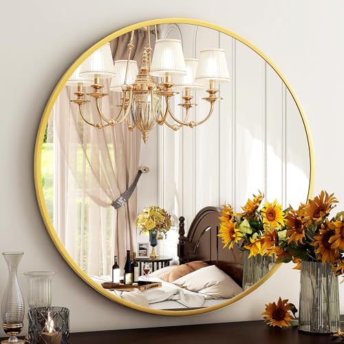 HARRITPURE 24 Inch Round Mirror, Gold Circle Bathroom Mirror, Modern Aluminum Alloy Frame Wall Mounted Vanity Mirror for Living Room, Bedroom, Entryway - Image 1