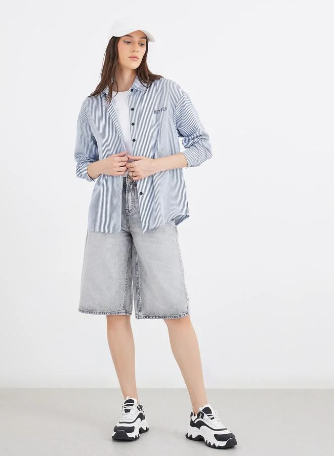 ستايلي Styli Women Blue Contrast Button Striped Oversized Shirt