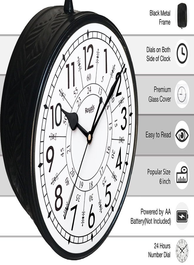 RoyalsCart Double Sided Metal Vintage Station Analog Hanging Wall Clock for Home and Living Room with Embossed Black and 24 Hours Dials on Both Sides [KTWCBN6] - Image 2