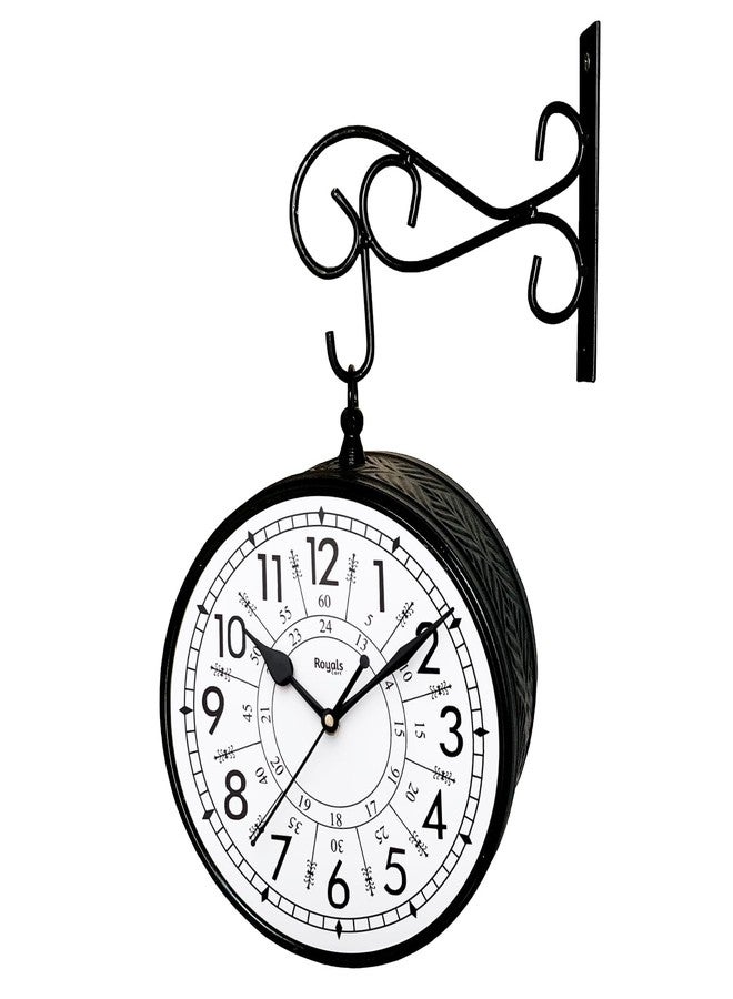 RoyalsCart Double Sided Metal Vintage Station Analog Hanging Wall Clock for Home and Living Room with Embossed Black and 24 Hours Dials on Both Sides [KTWCBN6] - Image 1