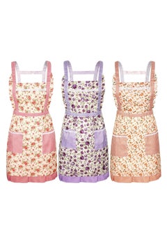 Kitchen Floral Apron, Thickened Waterproof Princess Apron Waist Adjustable with Pockets Ladies Chef Apron for Kitchen Cooking Baking Gardening Home Cleaning Etc. (3 Pieces)