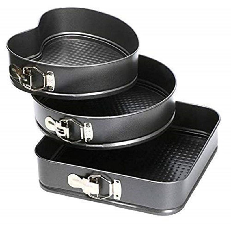 AVMPHD Cake Mould Tin Set of 3 Pieces Mold Heart Round Square Shape Cake Maker Black NonStick Coating Steel - Image 1