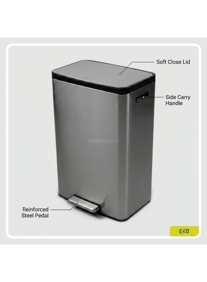 EKO Rectangle Step Bin | Soft-Close Lid | Integrated Side Handle | High-Capacity Brushed Stainless Steel | Hands-Free Foot Pedal Waste Bin for Kitchen, Office & Commercial Use | 50L | Silver & Black - Image 2