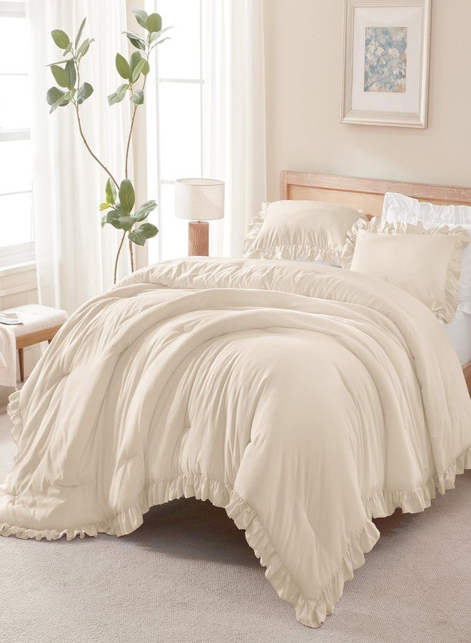 Andency Beige Twin Size Farmhouse Shabby Classic Ruffle Comforter Set for Kids - 2 Pieces, Lightweight Soft Microfiber Bedding for Girls (1 Comforter and 1 Pillowcase) - Image 1