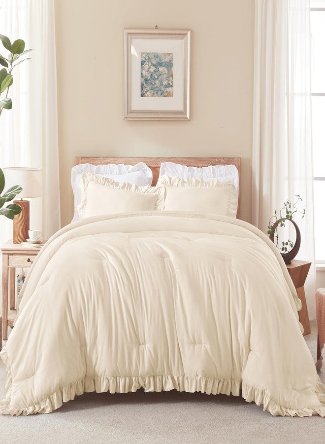 Andency Beige Twin Size Farmhouse Shabby Classic Ruffle Comforter Set for Kids - 2 Pieces, Lightweight Soft Microfiber Bedding for Girls (1 Comforter and 1 Pillowcase) - Image 2
