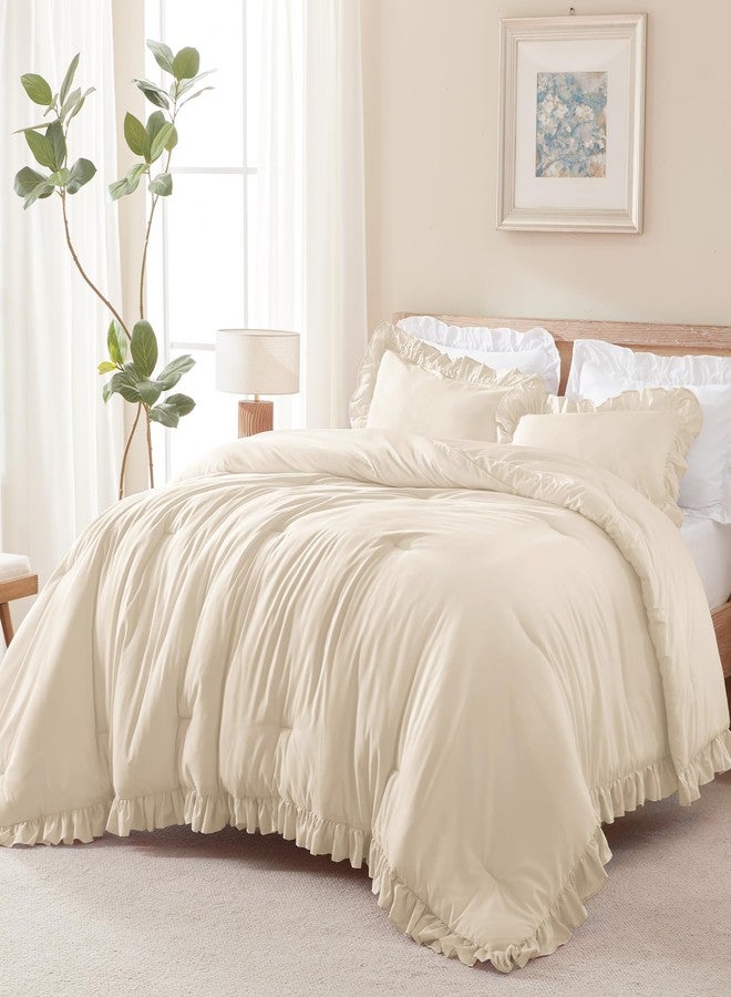 Andency Beige Twin Size Farmhouse Shabby Classic Ruffle Comforter Set for Kids - 2 Pieces, Lightweight Soft Microfiber Bedding for Girls (1 Comforter and 1 Pillowcase) - Image 3
