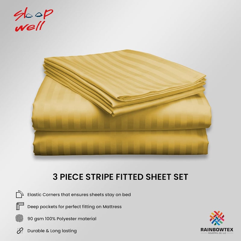 سليب ويل مجموعة شرشف سرير مرن من الألياف الدقيقة مخطط من مع كيسي وسادة - 120x200+17 سم (ذهبي) - Image 2