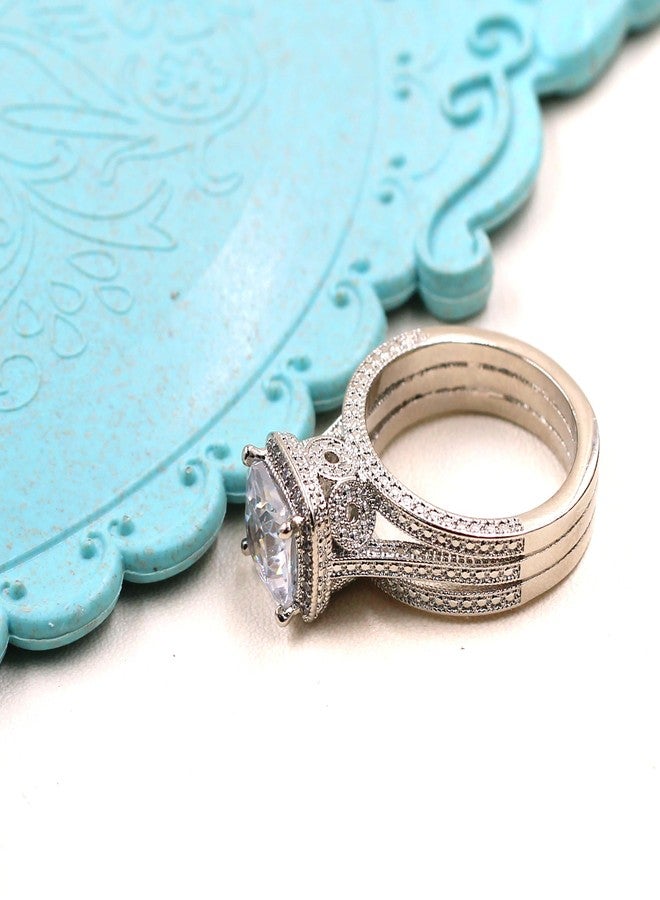 يولوفيدو خاتم زفاف ثلاثي الحلقات من Uloveido للنساء، مطلي بالذهب الأبيض، مرصع بالزركونيا المكعبة، بتصميم هالة، مقاس 7، Y4502 - Image 5