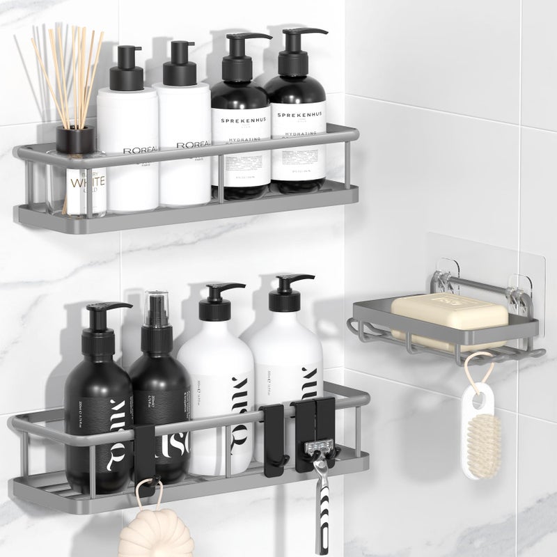 YASONIC Shower Caddy Adhesive, No Drill Bathroom Shower Organizers, with Removable Hooks and Soap Holder, Rust Proof Shower Shelves, Wall-Mounted Shower Holder, 3 Pack, Grey - Image 1