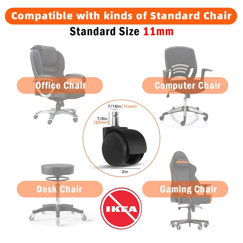 Omyoffice Office Chair Wheels 2 Inch Chair Caster Wheel Set of 5 Heavy Duty Chair Wheel Replacement Supports 1000 lbs No Noise Suitable for Hardwood Floors and Carpets - Image 2