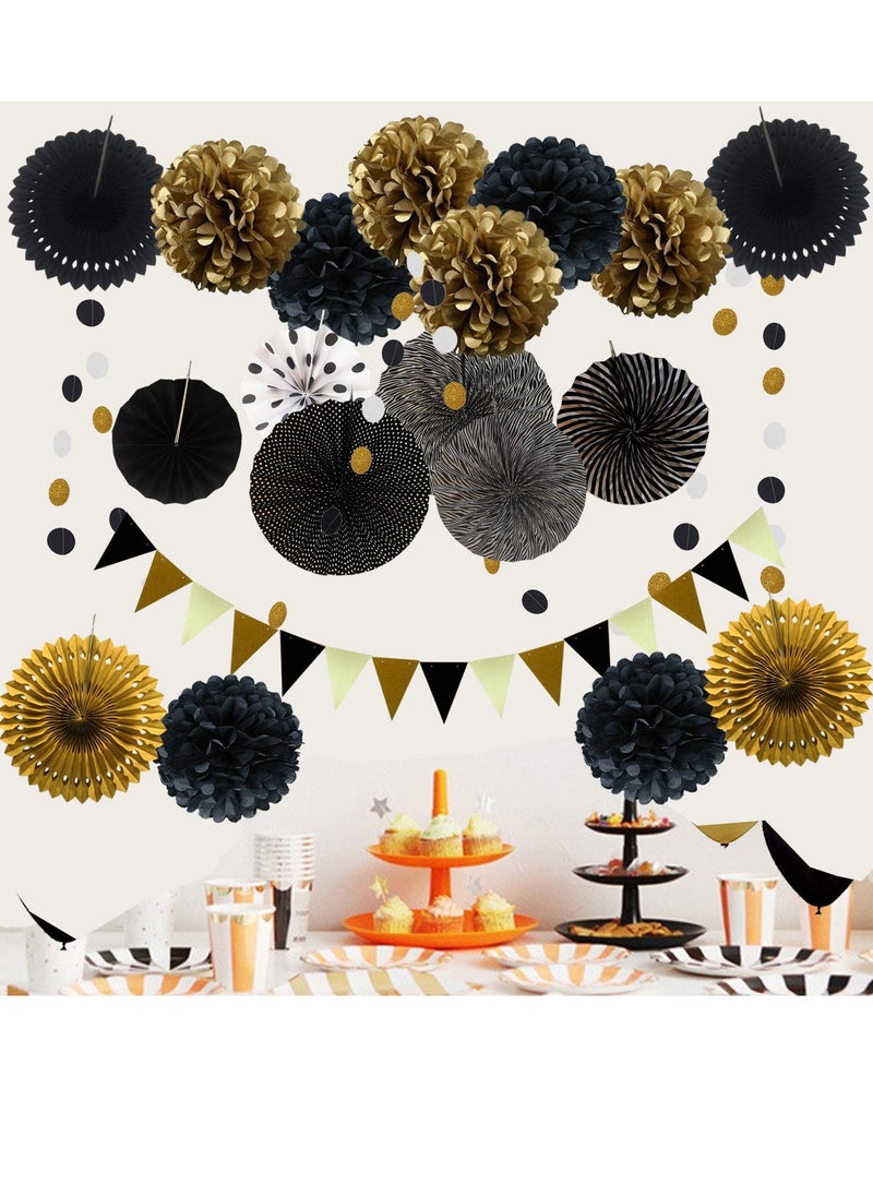 Mordely - Party Decoration, 20 Pcs Hanging Paper Fans, Pom Poms Flowers, Garlands String Polka Dot and Triangle Bunting Flags for Birthday Parties, Bridal Showers, Baby Showers, Wedding - Image 1