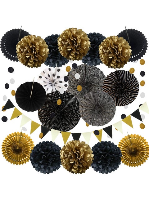 Party Decoration, 20 Pcs Hanging Paper Fans, Pom Poms Flowers, Garlands String Polka Dot and Triangle Bunting Flags for Birthday Parties, Bridal Showers, Baby Showers, Wedding