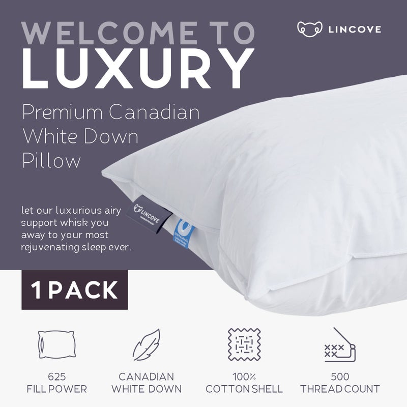 Lincove Cloud Natural Canadian White Down Luxury Sleeping Pillow - 625 Fill Power, 500 Thread Count Cotton Shell, Made in Canada, Standard - Soft, 1 Pack - Image 2