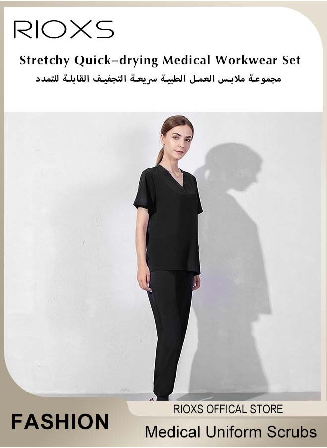 RIOXS - Unisex Medical Uniform Scrubs, Women And Men Scrubs Set, Professionals Medical Scrubs Short Sleeve Top And Pants For Workwear, Soft Stretch V-Neck Top And Trousers - Image 1