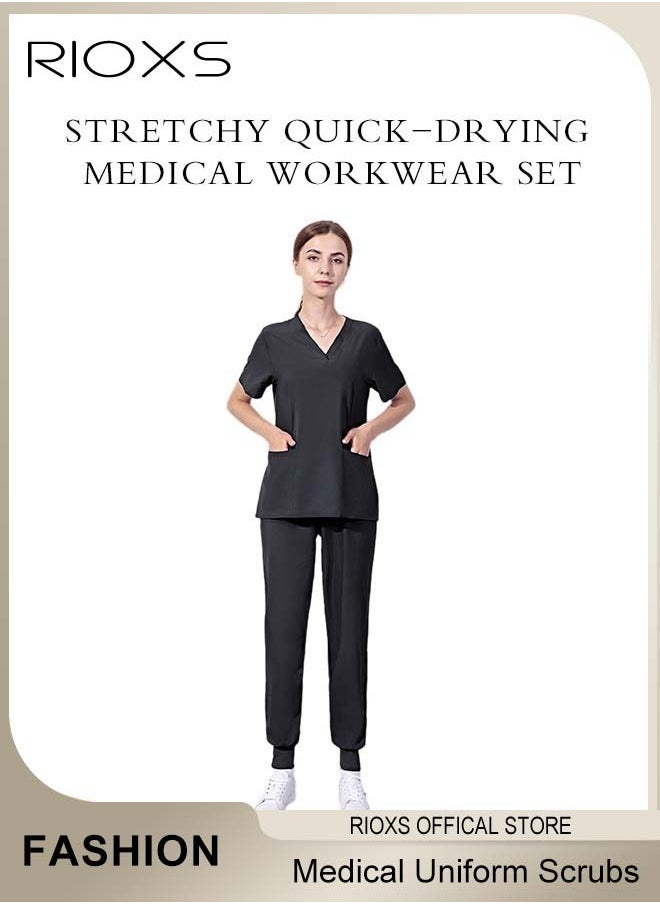 RIOXS - Unisex Medical Uniform Scrubs, Women And Men Scrubs Set, Professionals Medical Scrubs Short Sleeve Top And Pants For Workwear, Soft Stretch V-Neck Top And Trousers - Image 1