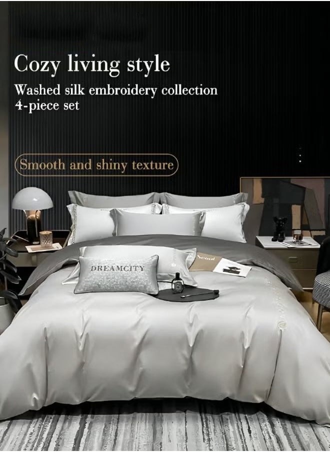 Beauenty - 4PCS Washed Silk Bedding Set King Size Comforter Set Warm in Winter and Cool in Summer Skin-Friendly Solid Color Breathable Duvet Cover Set 1.8M Bed 200*230CM - Image 1