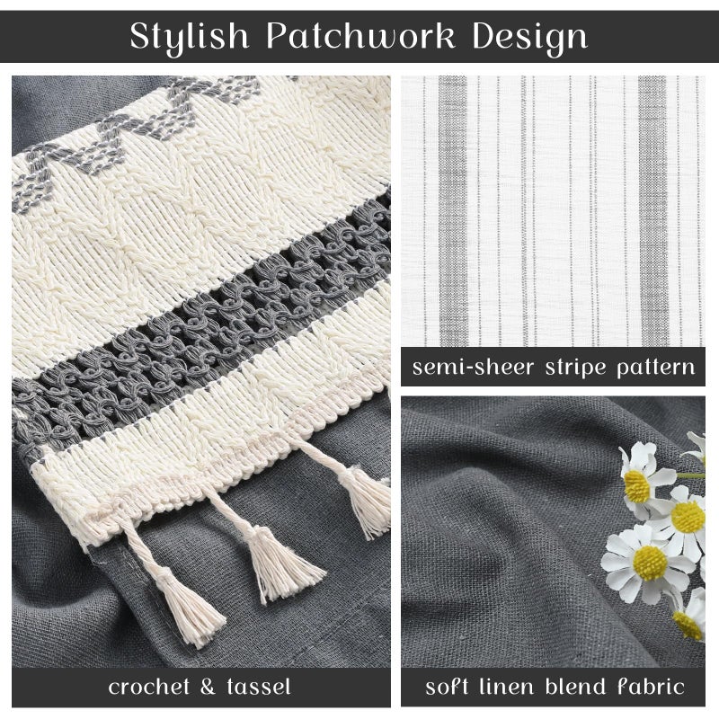 FRAMICS Linen Curtains for Living Room Grey Striped Window Curtain Farmhouse Curtains for Bedroom Boho Crochet Drapes 84 Inch Length 2 Panels Set Light Filtering Drapes Rod Pocket Window Treatment - Image 3