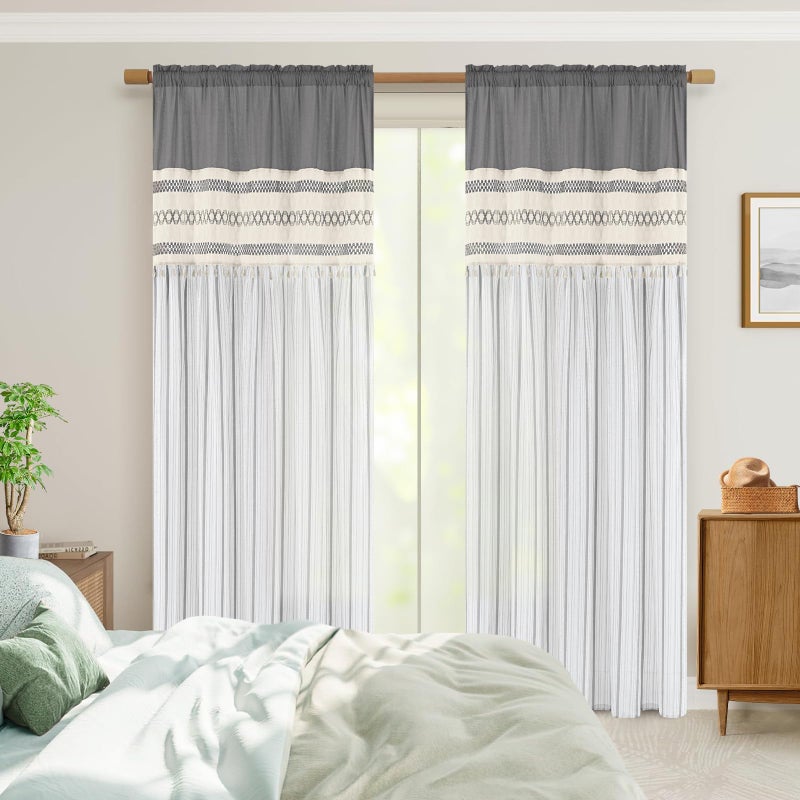 FRAMICS Linen Curtains for Living Room Grey Striped Window Curtain Farmhouse Curtains for Bedroom Boho Crochet Drapes 84 Inch Length 2 Panels Set Light Filtering Drapes Rod Pocket Window Treatment - Image 2